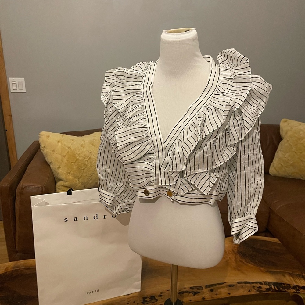 NWT Sandro Paris Striped Ruffle Blouse – Size S